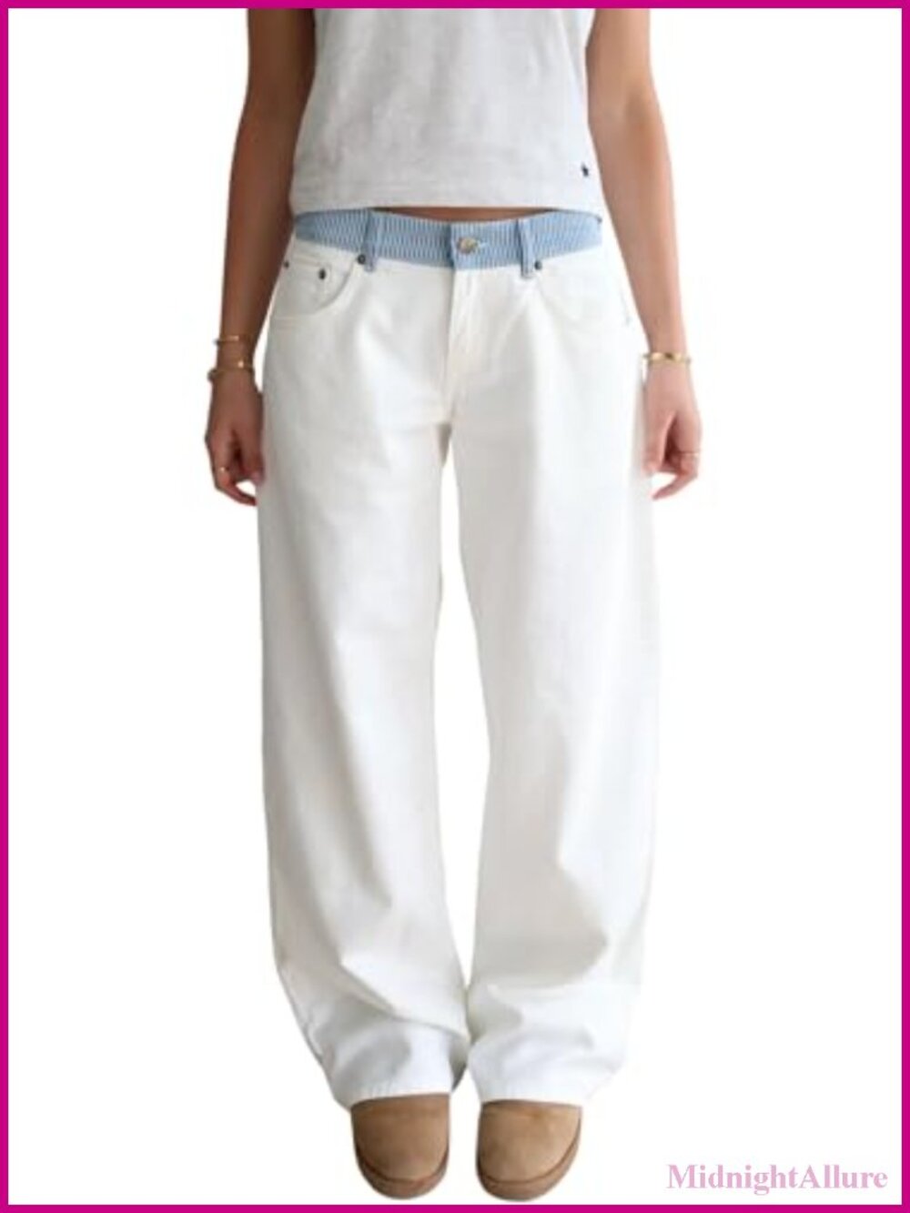 Womens Mid Rise Wide Leg Jeans Adjustable Waist Baggy Denim Pants